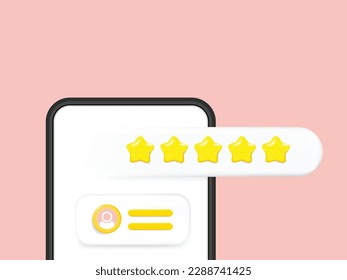 3d Pantalla Smartphone con icono de realimentación de cinco estrellas y nivel de prensa excelente para dar el mejor puntaje para revisar el servicio , concepto de negocio.