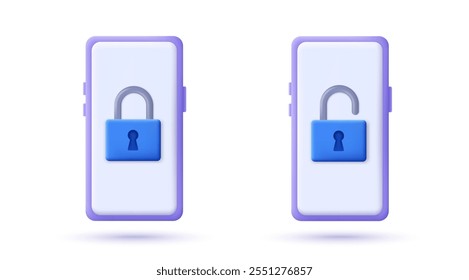 3D smartphone with security padlock symbol. 3D design of cyber security and data protection concept. Secure technology. Vector illustration.