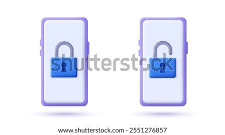 3D smartphone with security padlock symbol. 3D design of cyber security and data protection concept. Secure technology. Vector illustration.