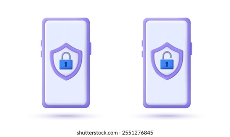 Smartphone 3D con símbolo de escudo de seguridad. Diseño 3D del concepto de ciberseguridad y protección de datos. Tecnología segura. Ilustración vectorial.