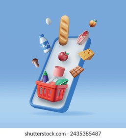 Smartphone 3D con cesta de la compra aislado. Entrega en tienda de comestibles. Pedido por Internet. Supermercado en línea. Centro Comercial, Comida, Bebidas. Leche, Verduras, Carne, Queso. Ilustración vectorial