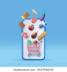 3D Smartphone with Shopping Grocery Cart Isolated. Render Grocery Store Delivery. Internet Order. Online Supermarket. Shopping Mall, Food Drinks. Milk, Vegetables, Meat, Cheese. Vector Illustration