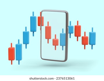 3D smartphone, stock chart. Color phone app advertising with blue and red Japanese candles. Online trading on stock exchange. Broker services. Price tracking