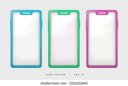 3d smartphone vector with various colors, blue, green, and pink