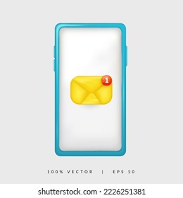 3d smartphone vector with yellow mail envelope icon screen display with one incoming notification