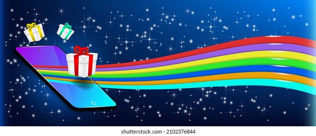 smartphone 3d, líneas de arco iris ondulado y cajas de regalo con cintas en un fondo cósmico radiante estelar. Bandera ancha brillante