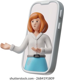 3D smartphone with a woman explaining something with a hand gesture. Assistant, communication, service, training, video chat, technology. Vector cartoon illustration. Isolated background.