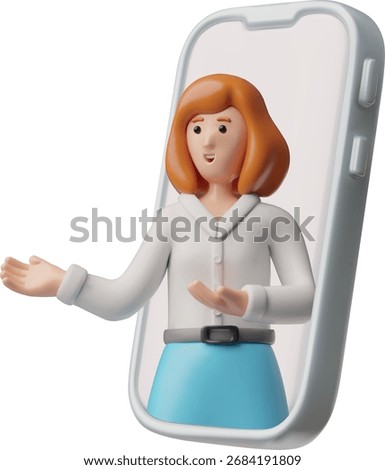 3D smartphone with a woman explaining something with a hand gesture. Assistant, communication, service, training, video chat, technology. Vector cartoon illustration. Isolated background.