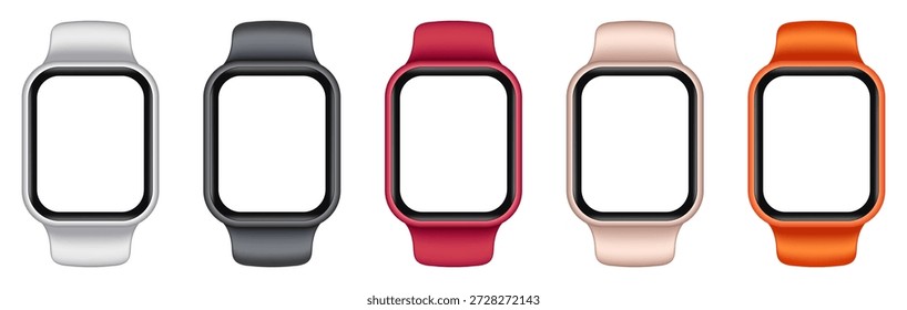 Conjunto de ilustração vetorial 3D Smartwatch com telas em branco. Ícones realistas vestíveis do rastreador da aptidão, coleção moderna do relógio de pulso digital, símbolos do dispositivo da monitoração da saúde, projetos do rastreador da atividade do esporte no estilo 3D isolado no fundo branco
