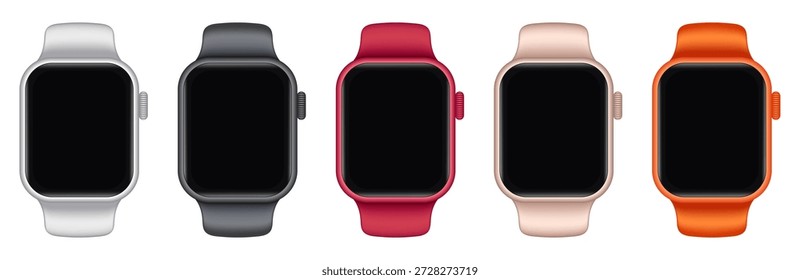 3D Smartwatch Vektor Illustration Set mit schwarzen Blank Screens. Realistische tragbare Fitness-Tracker-Icons-Kollektion, moderne digitale Smart Watch Designs, Gadget-Symbole für die Gesundheitsüberwachung, Handgelenke für Sport-Activity-Tracker im isometrischen Renderstil einzeln auf weißem Hintergrund