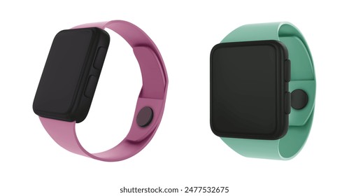 3D smartwatches set isolated on white background. Vector realistic illustration of smart wrist watch with pink and green band, blank black display mockup, modern electronic gadget, wearable device