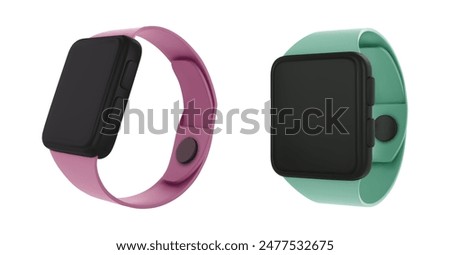 3D smartwatches set isolated on white background. Vector realistic illustration of smart wrist watch with pink and green band, blank black display mockup, modern electronic gadget, wearable device