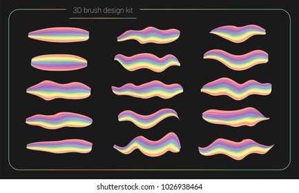 3d smear brush paint set. Liquid colors paint strokes. Artistic stripe paintbrush isolated. Vector brush smear design elements. Hand drawn creative colorful brushes. Modern vector creative kit
