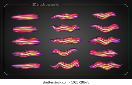 3d smear brush paint set. Liquid colors paint strokes. Artistic stripe paintbrush isolated. Vector brush smear design elements. Hand drawn creative colorful brushes. Modern vector creative kit. 
