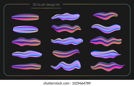3d smear brush paint set. Liquid colors paint strokes. Artistic stripe paintbrush isolated. Vector brush smear design elements. Hand drawn creative colorful brushes. Modern vector creative kit