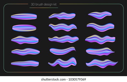 3d smear brush paint set. Liquid colors paint strokes. Artistic stripe paintbrush isolated. Vector brush smear design elements. Hand drawn creative colorful brushes. Modern vector creative kit