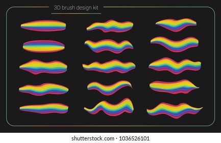 3d smear brush paint set. Liquid colors paint strokes. Artistic stripe paintbrush isolated. Vector brush smear design elements. Hand drawn creative colorful brushes. Modern vector creative kit