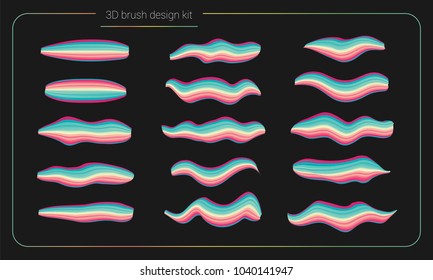 3d smear brush paint set. Liquid colors paint strokes. Artistic stripe paintbrush isolated. Vector brush smear design elements. Hand drawn creative colorful brushes. Modern vector creative kit
