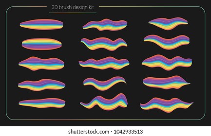 3d smear brush paint set. Liquid colors paint strokes. Artistic stripe paintbrush isolated. Vector brush smear design elements. Hand drawn creative colorful brushes. Modern vector creative kit