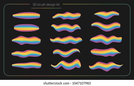 3d smear brush paint set. Liquid colors paint strokes. Artistic stripe paintbrush isolated. Vector brush smear design elements. Hand drawn creative colorful brushes. Modern vector creative kit