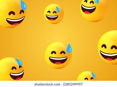 3d smile emoji happy face with sweat background collection. smiling yellow emoticon for social network media - cute emojis - grinning smiley emoticon set - smile eyes emoticons. Vector illustration