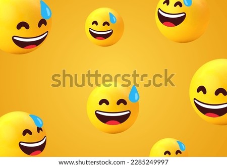 3d smile emoji happy face with sweat background collection. smiling yellow emoticon for social network media - cute emojis - grinning smiley emoticon set - smile eyes emoticons. Vector illustration