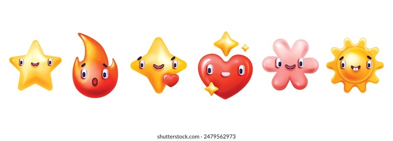 3D smile sticker set, heart shape, cartoon cute character icon, vector plastic fire flame, sun, star. Groovy y2k emotion face, funny kawaii comic web clipart, glossy decoration object. 3D sticker sign