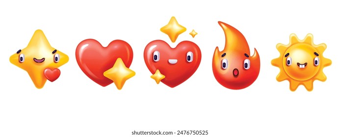 3D smile sticker set, vector plastic heart shape, cartoon cute character icon, fire flame, sun, star. Groovy y2k emotion face, funny kawaii comic web clipart, glossy decoration object. 3D sticker sign