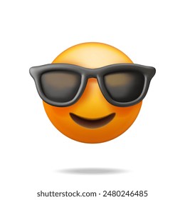 3d smile in sunglasses icon isolated. Render cool emoticon symbol. Smiling face with sunglasses emoji. Happy face. Communication, web, social network media, app button. Realistic vector illustration