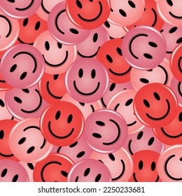 Fondo de sonrisas 3D. Rojo y rosa sonrisa emoji caras felices. Diseño de personajes emoticonos. Ilustración vectorial.