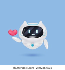 3D smiling chatbot robot holding a heart-shaped, symbolizing love, care, and positive AI interaction. 3D Rendering. Vector illustration