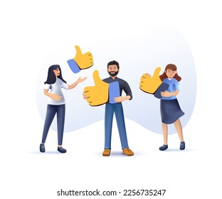 3D smiling clients show likes give positive feedback to company. 3D like iocn happy customers recommend good quality product service. Consumerism survey marketing concept. 3D render vector art