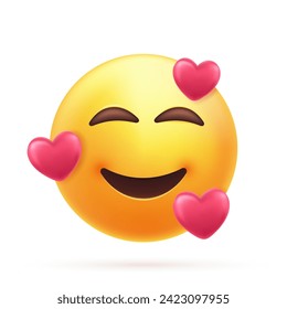 3d Smiling emoticon with three hearts. Emoji with hearts in love face, expresses happy, affectionate feelings, especially being in love. Vector illustration