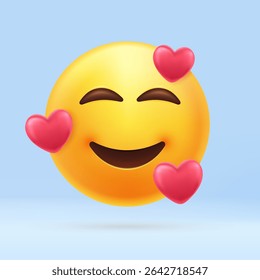 Emoticon 3d Sorridente com três corações. Emoji com corações no rosto de amor, expressa sentimentos felizes e afetuosos, especialmente estar no amor. Ilustração vetorial