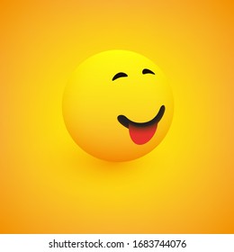 3D Smiling Face, with Stuck Out Tongue, View from Side - Simple Happy Emoticon on Yellow Background - Vector Design