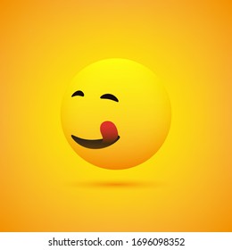 3D Smiling, Mounth Licking Face, View from Side - Simple Happy Emoticon on Yellow Background - Vector Design