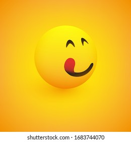 3D Smiling Mouth Licking Face, View from Side - Simple Happy Emoticon on Yellow Background - Vector Design