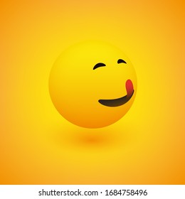 3D Smiling Mouth Licking Face, View from Side - Simple Happy Emoticon on Yellow Background - Vector Design
