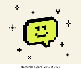 3D smiling speech bubble pixel art black element. Y2k inspired cute trendy collage sticker. Mood of 90's. 8-bit retro style vector illustration. Simple geometric shape. Game abstract icon