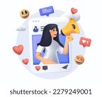 3D SMM internet advertisement illustration. Woman holding megaphone in hands with shouting in loud speaker. Influencer marketing, social media or network promotion, 3D cartoon style vector design