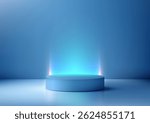 3D smooth light blue cylindrical podium on a reflective surface with vibrant vertical light beams, modern product displays, tech mockups, or exhibition showcases against a gradient blue backdrop