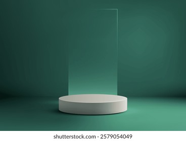 3d smooth white cylindrical podium set against a deep green teal background with sleek glass panel perfect for modern product display mockup showroom branding and stylish aesthetic design