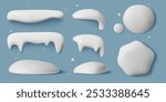 3d snow caps, icicles, snowdrifts, piles and snowballs collection on a blue background. Minimal elements for winter frames, backgrounds and buttons design. Vector illustration.