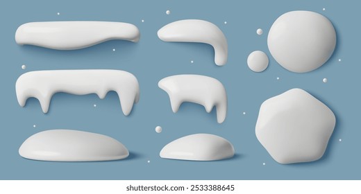 3D-Schneekappen, Eiszapfen, Schneeverwehungen, Pfähle und Schneebälle Sammlung auf blauem Hintergrund. Minimale Elemente für Winterrahmen, Hintergründe und Knöpfe. Vektorgrafik.