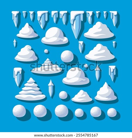 3d snow caps, icicles, snowdrifts, piles and snowballs collection on a blue background.hite snow caps set on blue background.