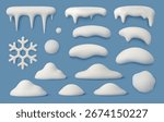 3D Snow caps. Realistic icicles, white snow piles, snowflake and snowdrifts, snowballs winter cartoon elements. Frost frames, soft render snowy shapes, Christmas overlays vector set.