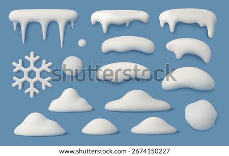 3D Snow caps. Realistic icicles, white snow piles, snowflake and snowdrifts, snowballs winter cartoon elements. Frost frames, soft render snowy shapes, Christmas overlays vector set.