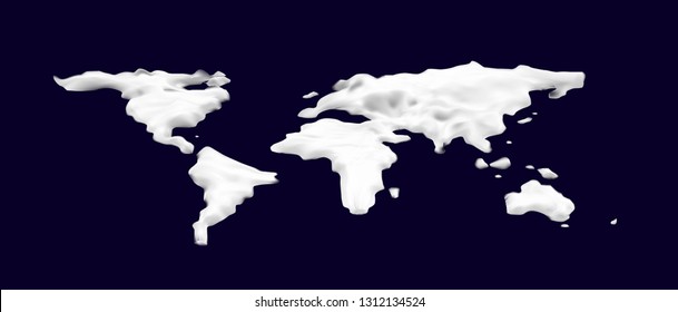 3d Snow world map. Cosmetic foam or cream or slime in the shape of a world map. Vector illustration on dark blue background