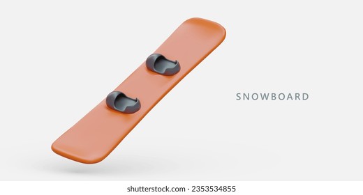 3D snowboard. Equipment for skiing on snow. Board with foot binding. Winter sports entertainment, leisure time at ski resort. Color vector poster with place for text