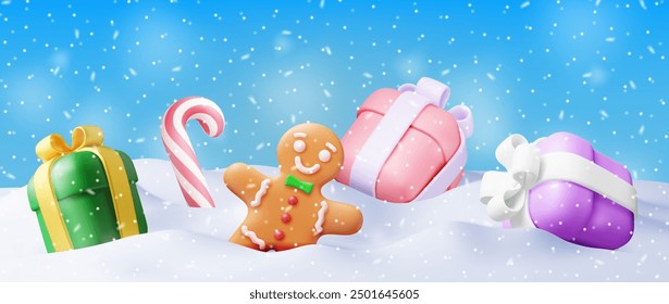 Fondo de nieve 3D con cajas de regalo. Render presenta con caña de azúcar y pan de jengibre hombre en la nieve. Decoración feliz del año nuevo. Feliz Navidad. Celebración de Navidad del año Nuevo. Ilustración vectorial